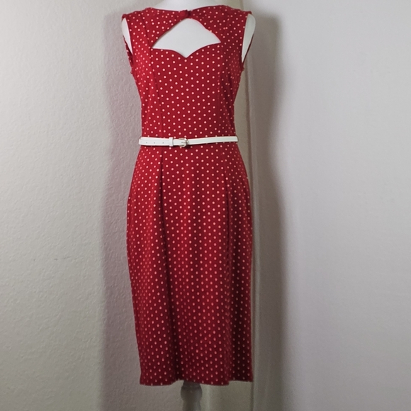 Unique Vintage Red and White Pencil Wiggle Cut Out Midi Dress W Belt SZ L Pin Up - Picture 1 of 15